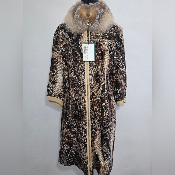 Exclusive Ottimo Genuine Leather Long Coat Embossed Snake Pattern Real Fur